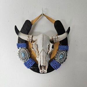 Blue Beaded Bull Skull Wall Decor